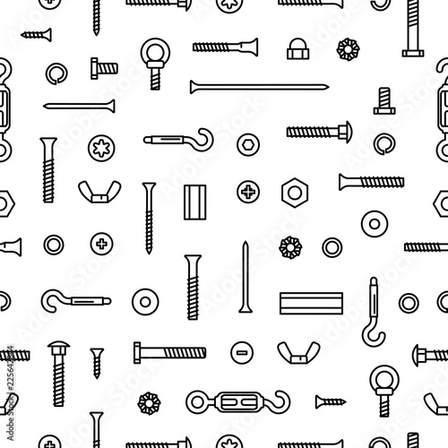 Pattern construction hardware, screws, bolts, nuts and rivets. Equipment stainless, fasteners, metal fixation gear on seamless pattern background.