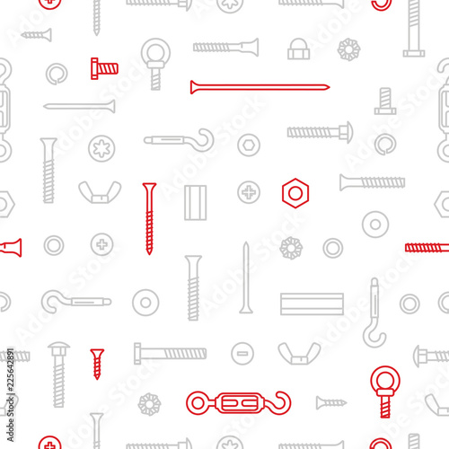 Pattern background construction hardware, screws, bolts, nuts and rivets. Equipment stainless, fasteners, metal fixation gear on seamless pattern.