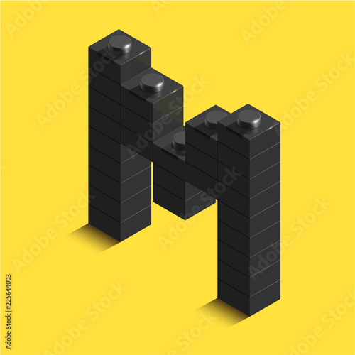 3d isometric letter M of the alphabet from constrector bricks. 3d isometric plastic letter from the blocks