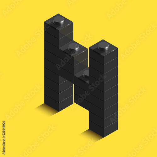 3d isometric letter N of the alphabet from constrector bricks. 3d isometric plastic letter from the blocks