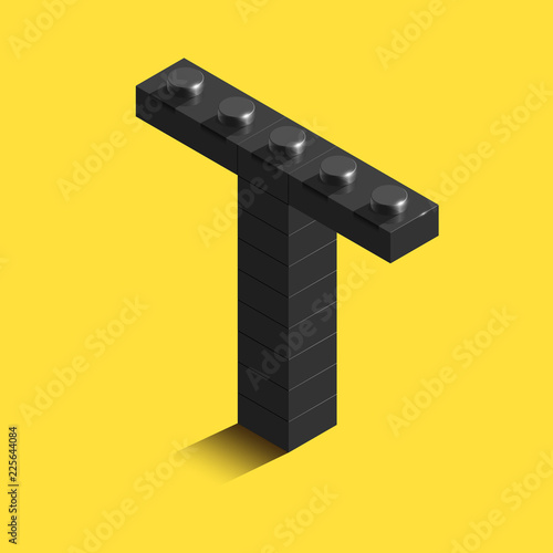 3d isometric letter T of the alphabet from constrector bricks. 3d isometric plastic letter from the blocks