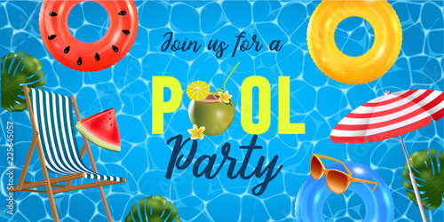 Pool party invitation vector illustration. Top view of swimming pool with pool floats.