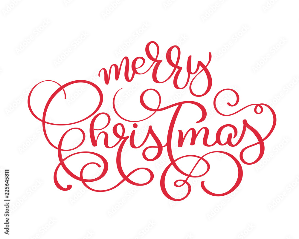 Merry Christmas red vector vintage text. Calligraphic Lettering design card template. Creative typography for Holiday Greeting Gift Poster. Calligraphy Font style Banner isolated on white background