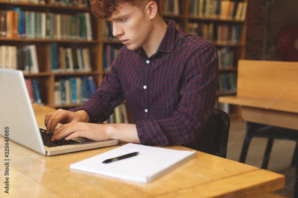 College student using laptop in library College student using laptop in library