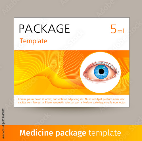 Vector medicine package template with realistic eye. Box with medical accessories for eye care, used to correct vision. Mockup for product ads, package design