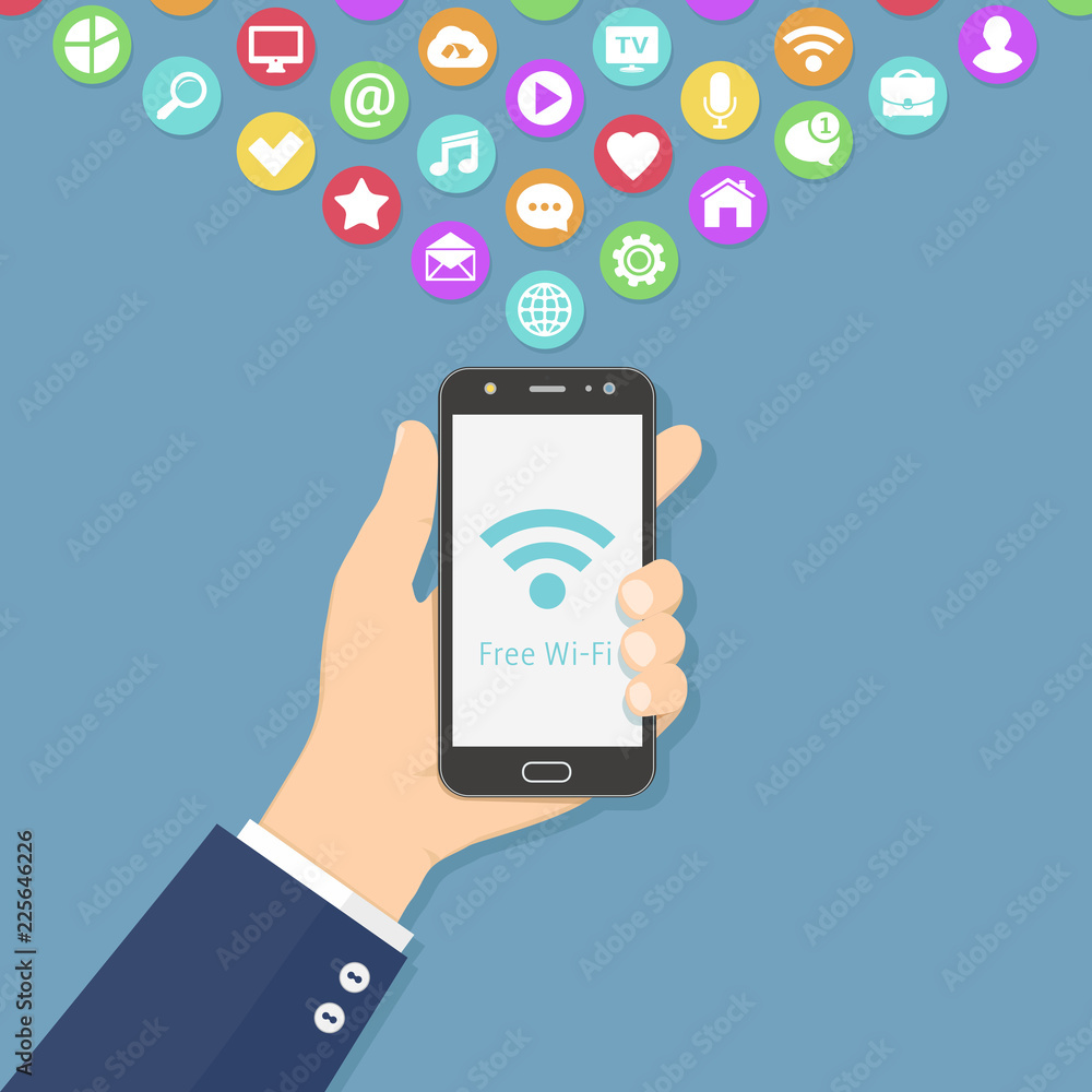 Hand holding smart phone with free wi-fi sign on screen. Free wi-fi flat design concept. Hand holding smart phone with free wi-fi sign on screen. Free wi-fi flat design concept.