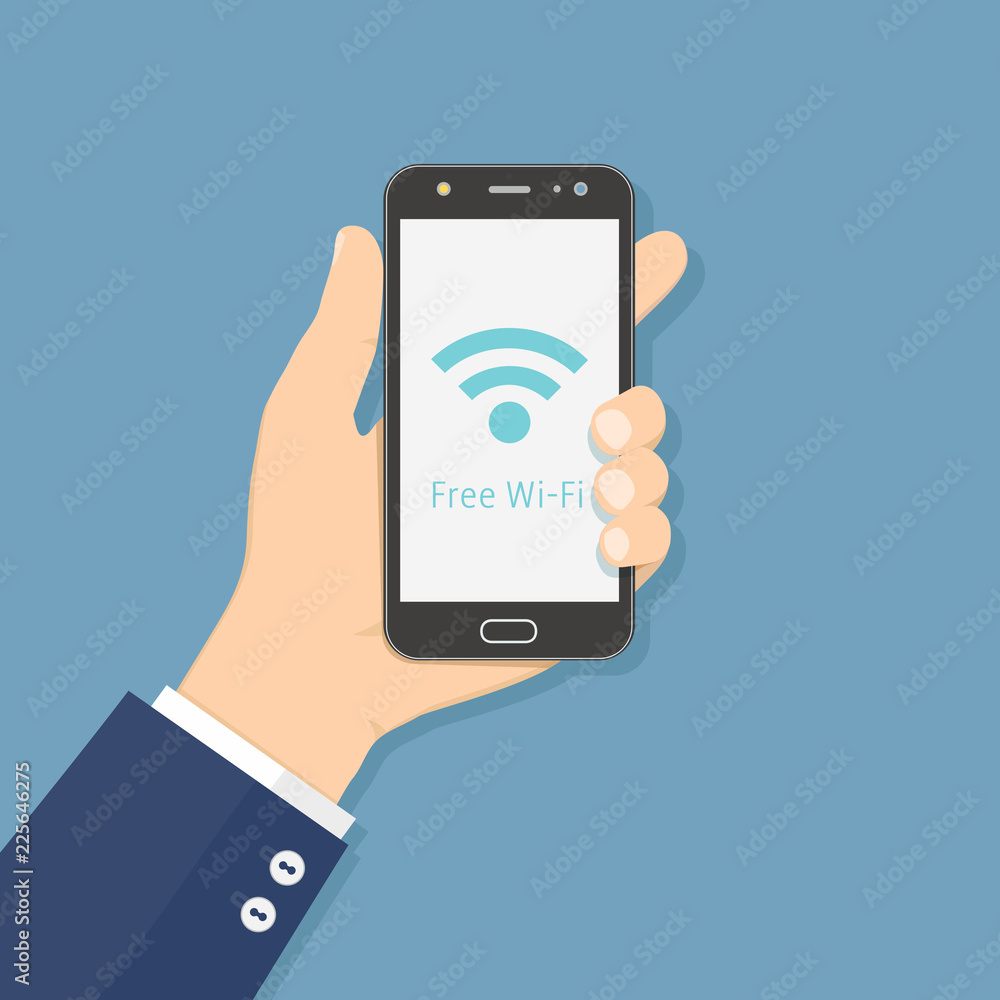Hand holding black smartphone with Wi-Fi icon. Flat style illustration Hand holding black smartphone with Wi-Fi icon. Flat style illustration