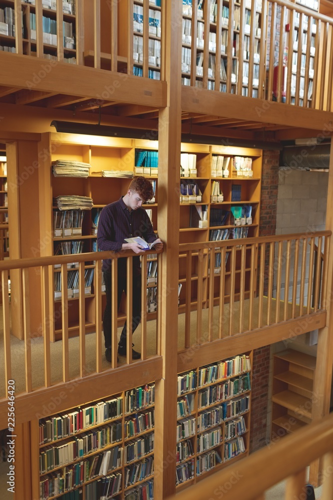 College student reading a book in library College student reading a book in library