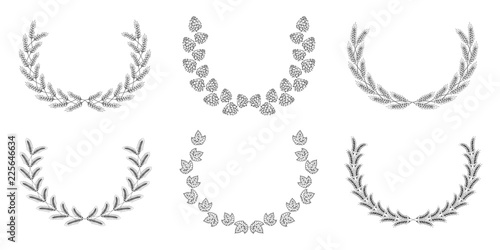 Set of award laurel wreath with barley, malt, rye, wheat ears, hop cone and leaves for label design. Winner beer frame. Vector isolated illustration.