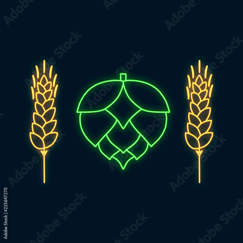Glowing neon icon with hop cone and wheat, rye, malt, barley ears for night beer bar background. Led luminous sign for pub signboard. Vector isolated illustration.