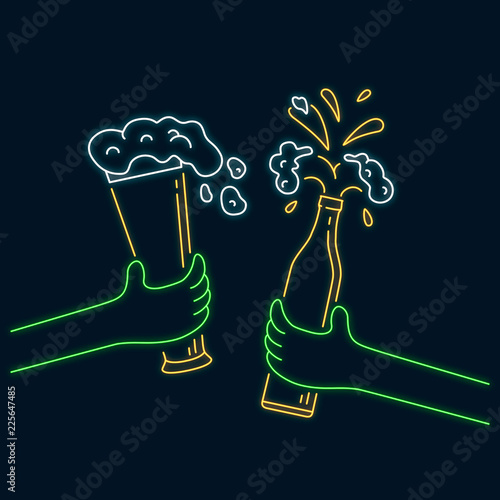 Glowing neon sign with two hands clinking beer glass and bottle with foam. Vector isolated illustration. Icon for night beer bar background. Led luminous sign for pub signboard.