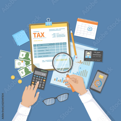 Man calculates tax. Payment of tax, accounts, bills concept. Financial calendar, money, tax form on clipboard, magnifying glass, calculator, pen, folder, glasses. Payday icon. Vector illustration