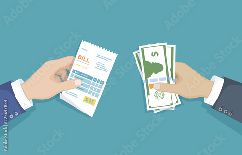 Hand with bill and cash money. Illustration sales, shopping, check, receipt, invoice, order. Paying bills. Payment of goods, service, utility, restaurant. Vector design in a flat style