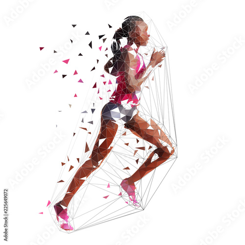 Running woman, low polygonal isolated vector illustration. African american marathon runner, side view. Run, active people