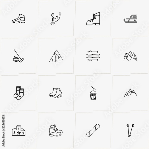 Winter Sport line icon set with sneakers, curling sports and funicular cabin