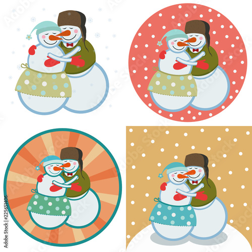 couple lover snowmen hugging each other.set of four illustrations