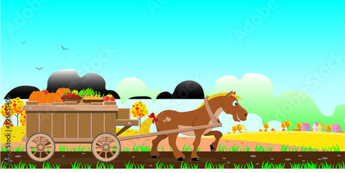 Horse drags a cart with an autumn harvest. Vector illustration.