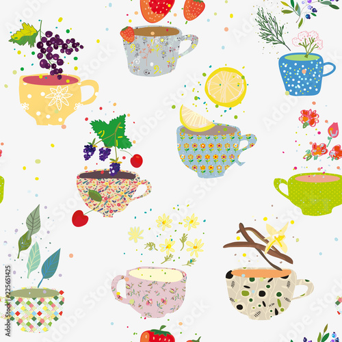 Tea cups seamless pattern with many sorts, retro style. Vector graphic illustration