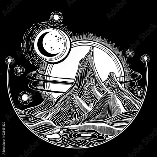 Fantasy alien landscape, vector space illustration