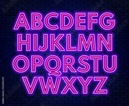 Purple pink neon alphabet on a dark background . Capital letter.
