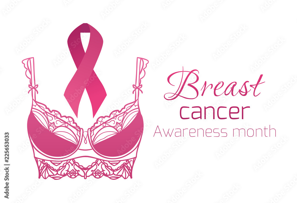 Breast cancer awareness. Pink ribbon with pink delicate bra. Vector element  for cards, banners, flyers and your design. Stock Vector