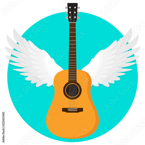 Akustik Gitarre mit Flügeln fliegt Flat Design Vektor Grafik Illustration Icon