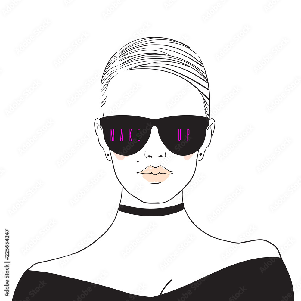 Glamour fashion beauty woman face illustration in ink style. Vector illustration. Hand drawn beautiful young woman portrait. Fashion woman in stylish sunglasses. Cute girl with short hair. Sketch. Glamour fashion beauty woman face illustration in ink style. Vector illustration. Hand drawn beautiful young woman portrait. Fashion woman in stylish sunglasses. Cute girl with short hair. Sketch.