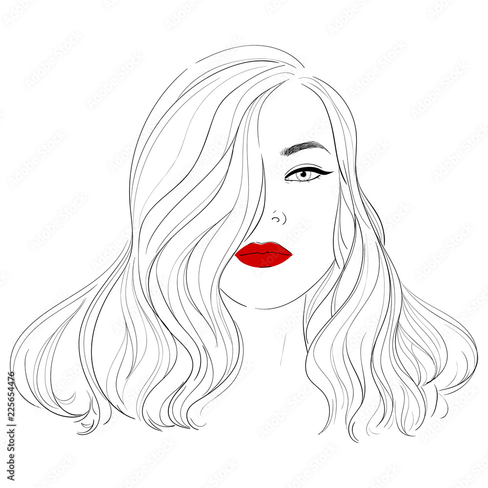 Fashion illustration. Makeup, cosmetics. Hand-drawn woman with curly luxurious hair. Girl with perfectly shaped eyebrows and full lashes. Perfect salon look. Beauty Salon concept. Great for Avatar Fashion illustration. Makeup, cosmetics. Hand-drawn woman with curly luxurious hair. Girl with perfectly shaped eyebrows and full lashes. Perfect salon look. Beauty Salon concept. Great for Avatar