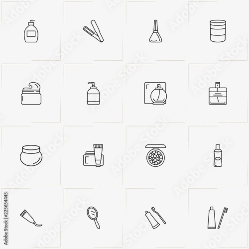 Women Cosmetics line icon set with rouge , perfume and bathroom glass