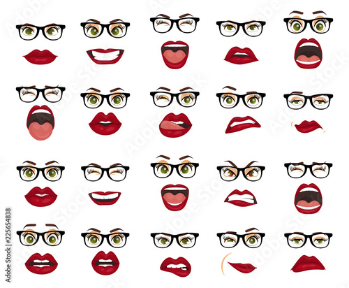 Comic emotions. Woman with glasses facial expressions, gestures, emotions happiness surprise disgust sadness rapture disappointment fear surprise joy smile despondency. Cartoon icons big set isolated.