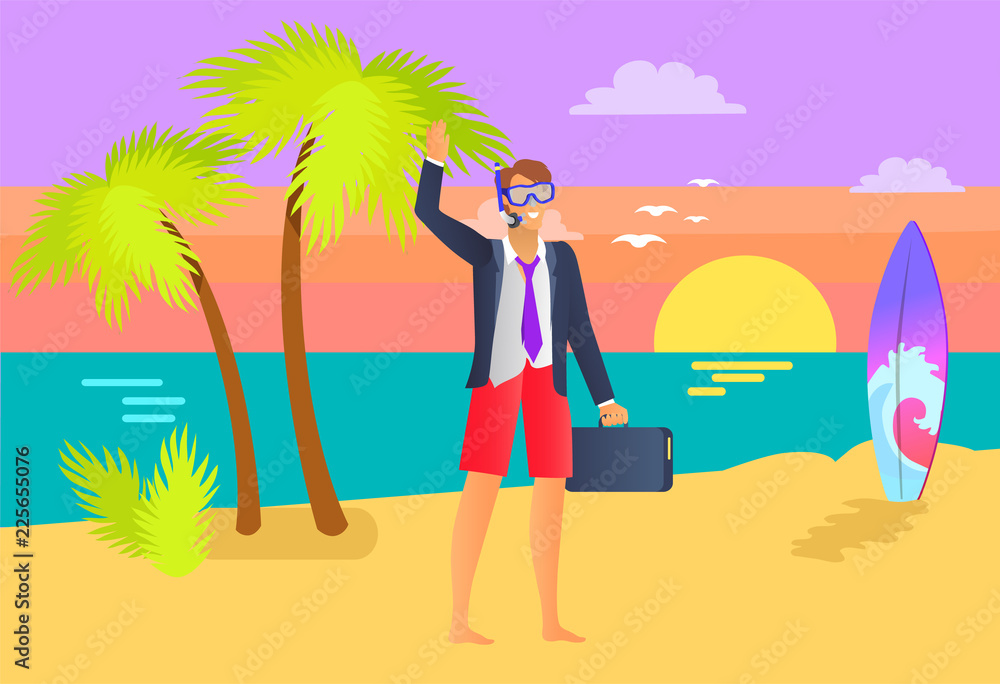 Man Wearing Suit with Briefcase at Seaside, Sunset Man Wearing Suit with Briefcase at Seaside, Sunset