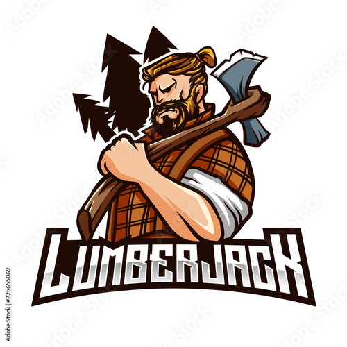 Lumberjack Mascot Modern sport logo template with image of the lumberjack with two axes in his hands