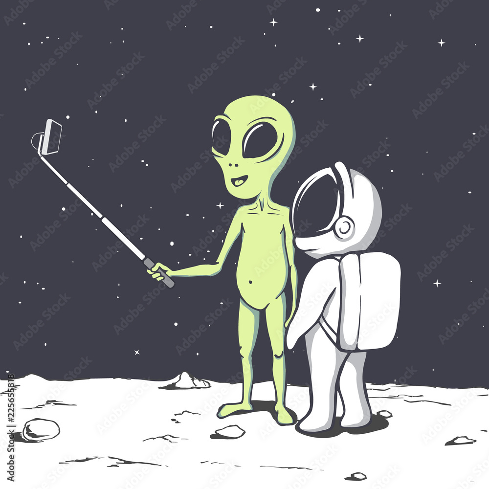 Obraz premium alien photographs himself and astronaut.Space friends.Vector illustration