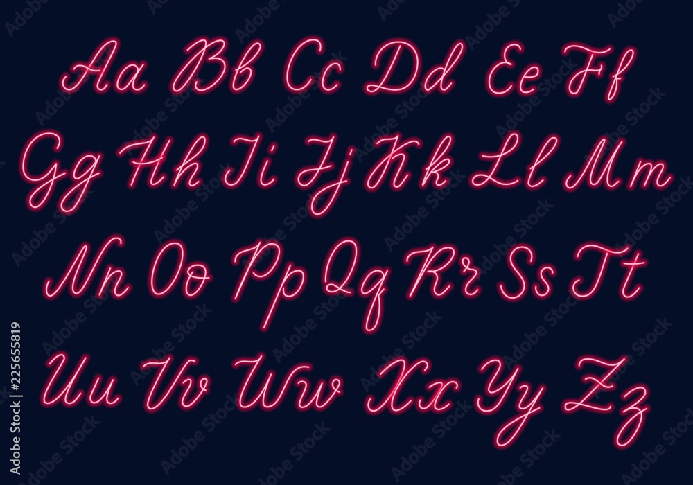 Red neon script. Uppercase and lowercase letters.