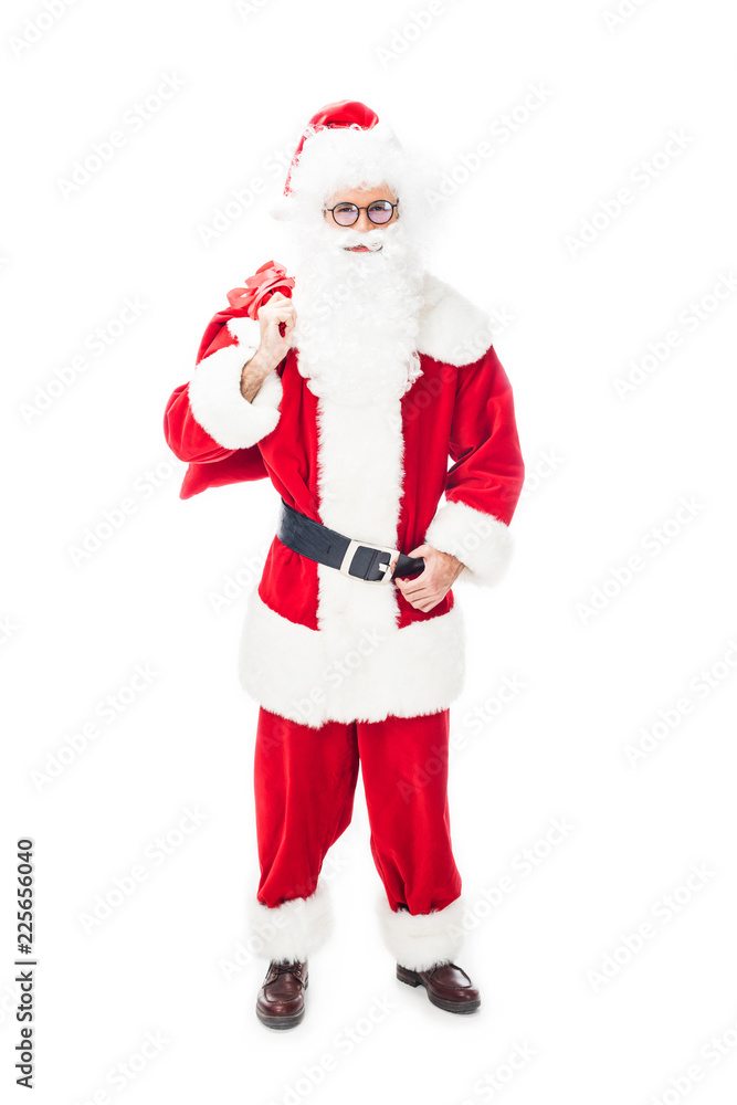 smiling santa claus in eyeglasses holding christmas sack over shoulder isolated on white background smiling santa claus in eyeglasses holding christmas sack over shoulder isolated on white background