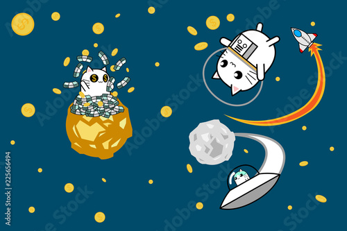 Cute cat astronaut with spacecraft cartoon character design discovery and explore money in space, chance for start business concept background.