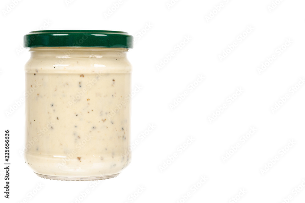 Creamy sauce with truffle for pasta in glass jar isolated on white background, copy space template Creamy sauce with truffle for pasta in glass jar isolated on white background, copy space template