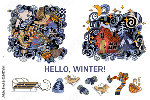 Cartoon cute doodles hand drawn Winter season frame design. Colorful detailed, with lots of objects background,vector