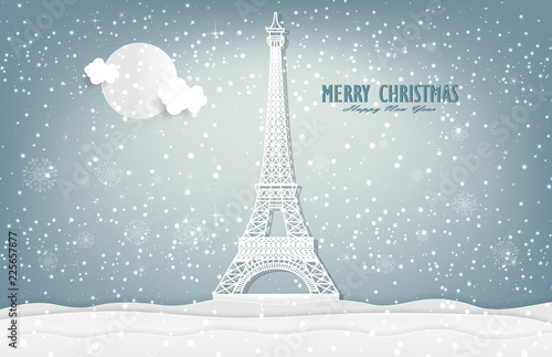 Fototapeta Naklejka Na Ścianę i Meble -  illustration of nature landscape and concept, winter season with Christmas and Eiffel tower and the moon. Vector illustration. design by paper art and digital craft style