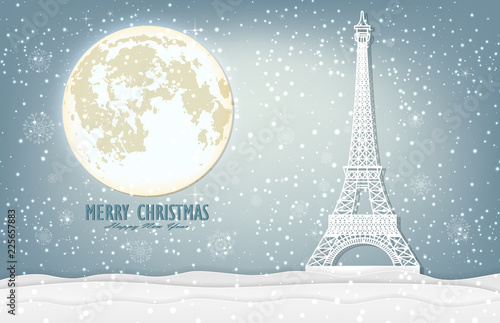 illustration of nature landscape and concept  winter season with Christmas and Eiffel tower and the moon. Vector illustration. design by paper art and digital craft style