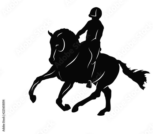 Equestrian, dressage. A vector silhouette of a rider on a horse execute the canter.