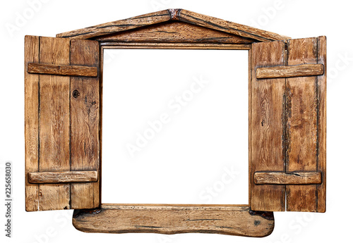 Old grunge wooden window frame, isolated on white.