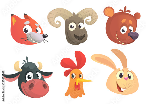 Set of cartoon forest animals head icons. Vector collection of forest wild animals characters. Fox, sheep, bear, cow, rooster or chicken, rabbit. 