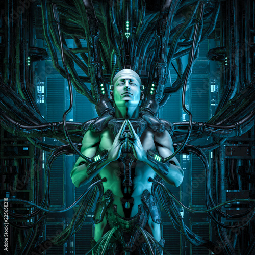 The quantum zen king / 3D illustration of male android hardwired to computer core