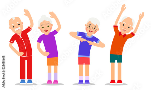 Set of active older people. Old men and women in different gym poses. Happy active older couple. Healthy lifestyle for elderly. Illustration of characters isolated on white background in flat style