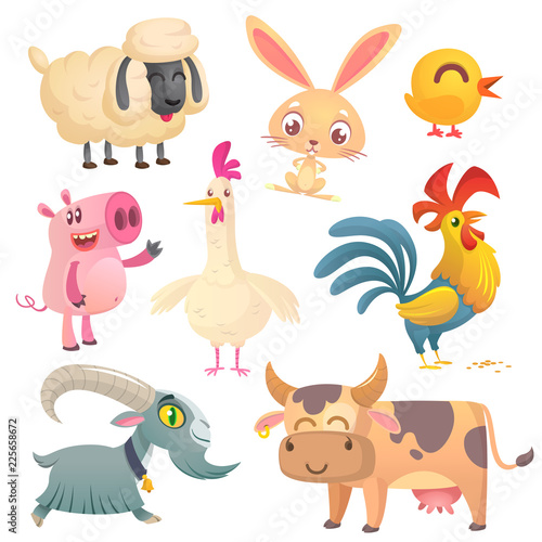 Fototapeta Naklejka Na Ścianę i Meble -  Collection of cartoon farm animals. Vector set of animal icons isolated on white. Vector illustration of sheep, bunny rabbit, cute chicken, pig, hen, rooster, goat and cow