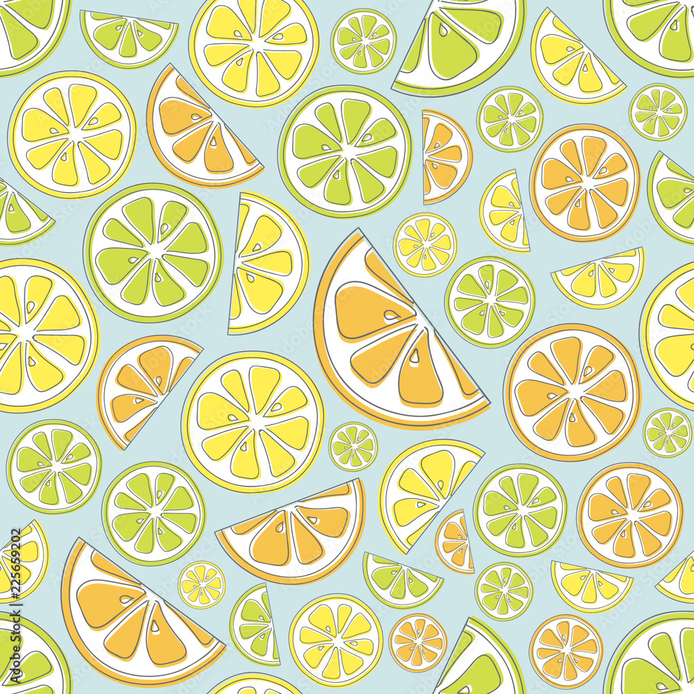 Pastel colored background with citrus fruits - seamless texture. Vector.