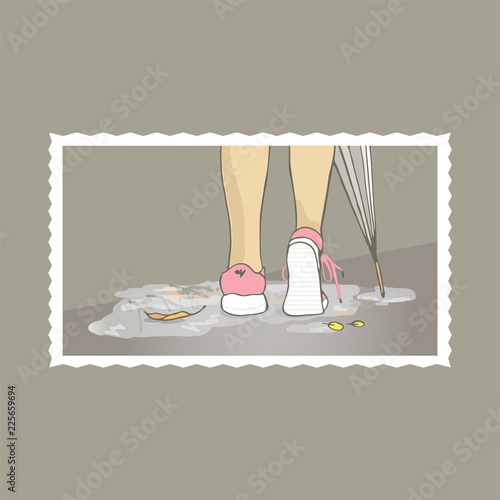 
Sneakers on legs. Girl in sneakers. Rainy day. She walks through the puddles. Autumn mood. Umbrella with a cane.
