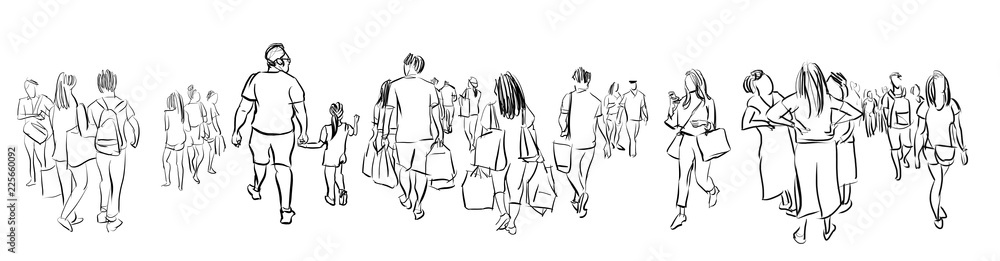crowd group of people walking freehand ink sketch panorama view isolated on white background crowd group of people walking freehand ink sketch panorama view isolated on white background