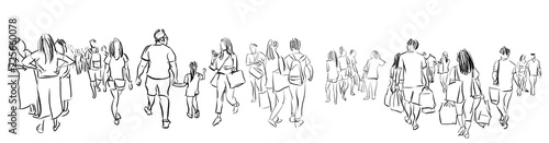 crowd group of people walking freehand ink sketch panorama view isolated on white background